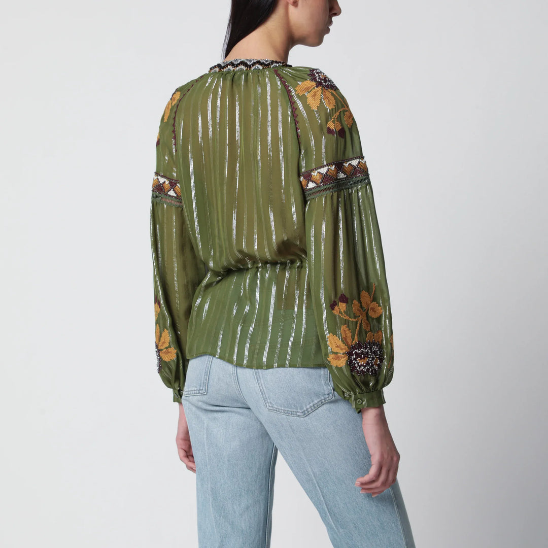 Valentino - Embroidered lurex silk shirt green camou Brand Shirts &amp; Tops