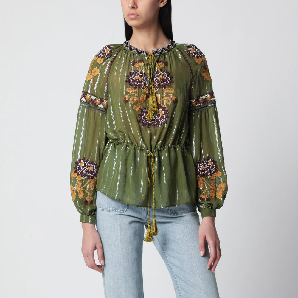 Valentino - Embroidered lurex silk shirt green camou Brand Shirts & Tops 40  IT