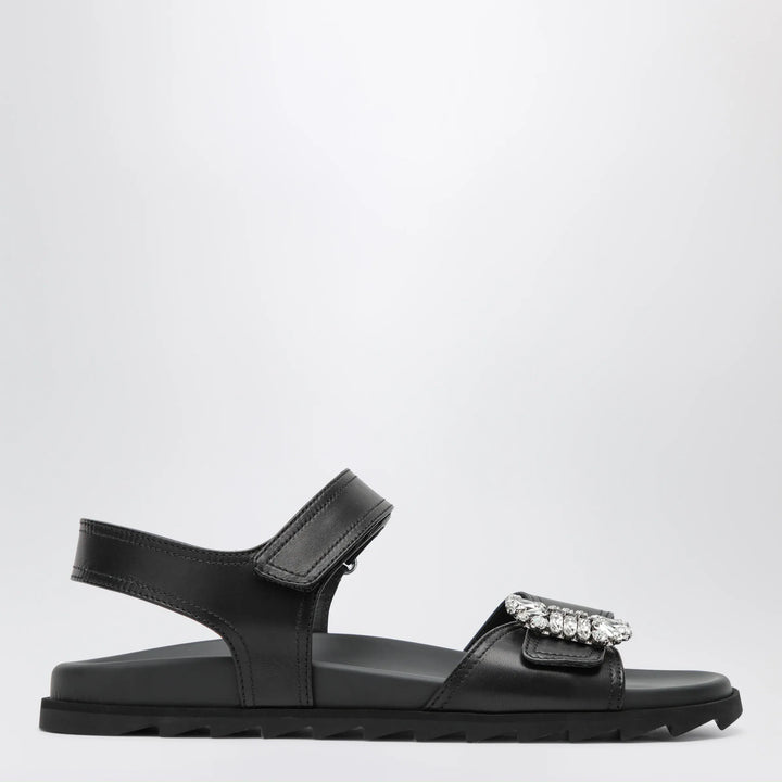 ROGER VIVIER - Black leather sandals with crystal buckle Brand Shoes 38 IT