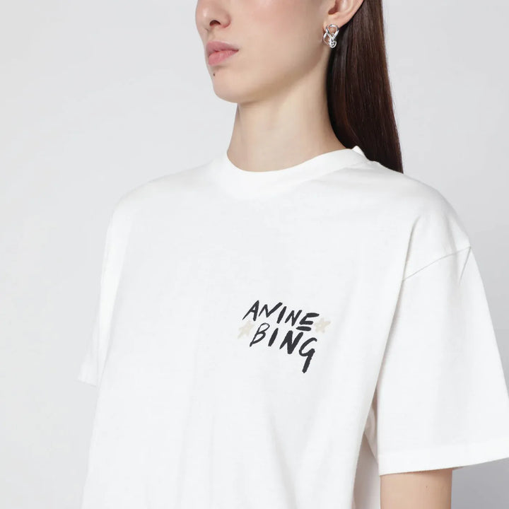 ANINE BING - Ivory T-shirt with logo print Brand T-Shirts
