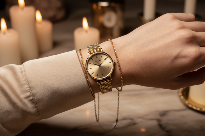 Nordgreen Native 28mm Gold Chain Crystal Dial watch worn on wrist, luxury lifestyle editorial