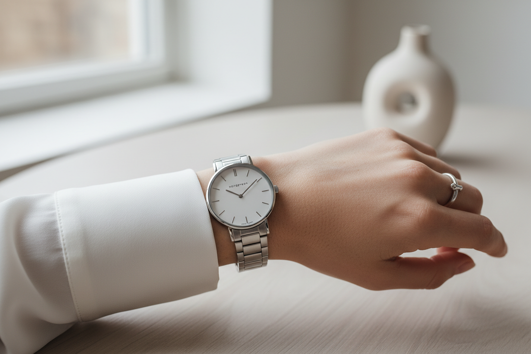Nordgreen Native 32mm Silver 3-Link Dress Watch worn on wrist, luxury lifestyle editorial