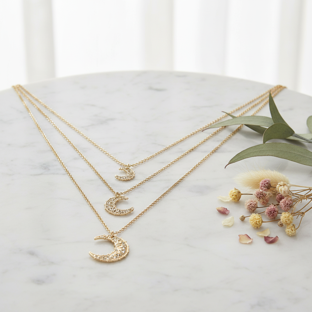 Moon Necklace on Marble with Florals