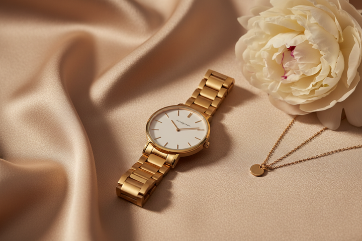 Nordgreen Native 32mm Gold 5-Link Flat Lay Lifestyle