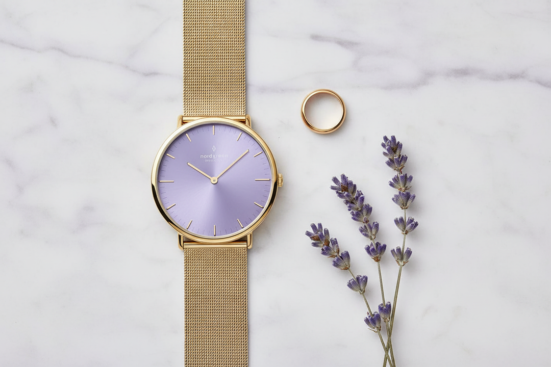Nordgreen Native Lavender Gold Mesh Flat Lay Lifestyle