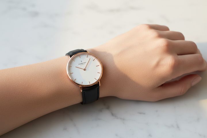 Nordgreen Native Rose Gold Black Leather Wrist Lifestyle