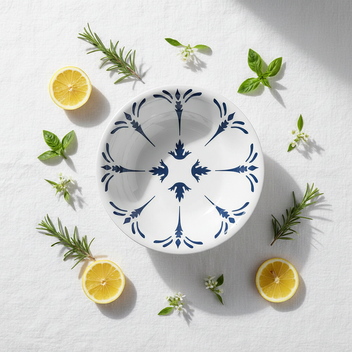 Tessa Blue Bowl - White Linen Flat Lay